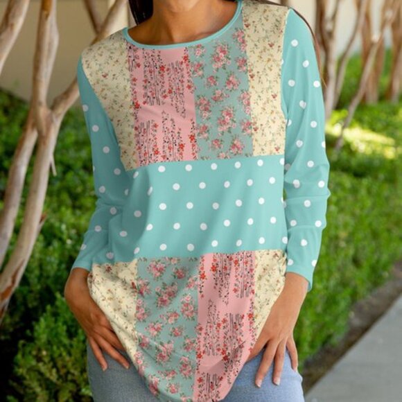 Aqua & Rose Floral Patchwork Jewel-Collar Long-Sleeve Tunic - Picture 1 of 2